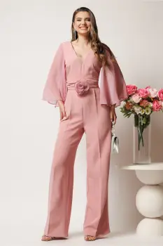 Salopeta DY Fashion roz cu pantaloni evazati si floare in talie imagine