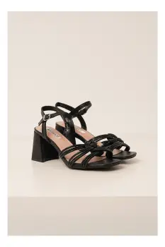 Sandale negre din piele ecologica cu toc patrat si impletitura imagine