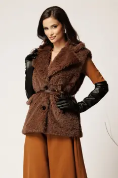 Vesta din blana maro cu rever si curea in talie imagine