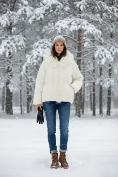 Geaca ivoire matlasata din fas cu blana imagine