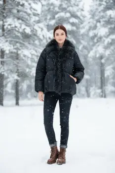 Geaca neagra matlasata din fas cu blana imagine