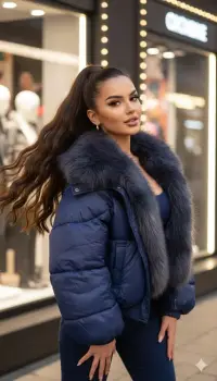 Geaca scurta neagra cu blana ecologica bleumarin imagine