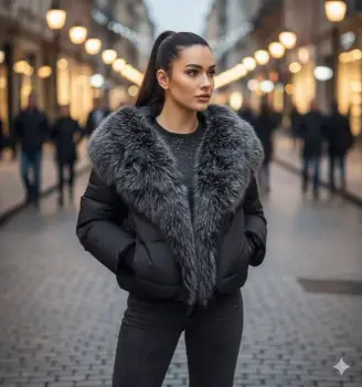 Geaca scurta neagra cu blana ecologica gri imagine