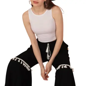 Pantaloni de vara cu ciucuri - negri imagine