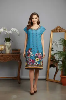 Rochie albastra din vascoza cu imprimeu floral imagine