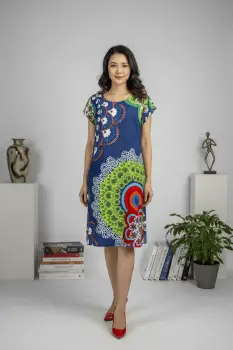Rochie bleumarin din vascoza cu imprimeu multicolor imagine