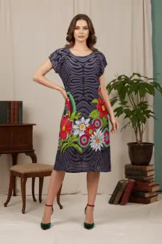 Rochie gri din vascoza cu imprimeu floral colorat imagine