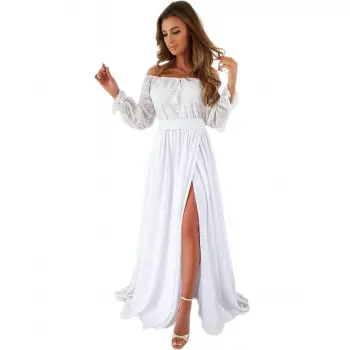 Rochie lunga alba cu dantela si slit frontal ,   Eliza imagine