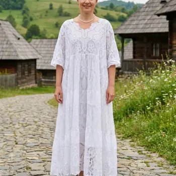 Rochie lunga alba din dantela si bumbac ,   model elegant vaporoasa imagine
