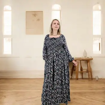 Rochie lunga de vara cu maneca 3 4 si imprimeu floral bleumarin imagine