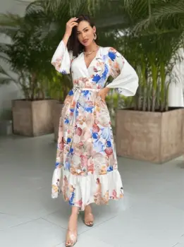 Rochie lunga din material satinat cu imprimeu floral ,   Marime universala imagine