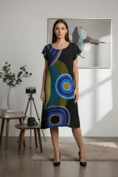 Rochie neagra din vascoza cu imprimeu abstract imagine