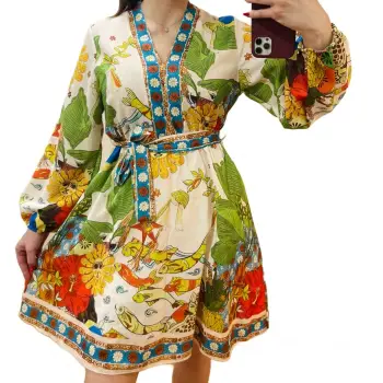 Rochie scurta cu imprimeu artistic, cordon in talie imagine