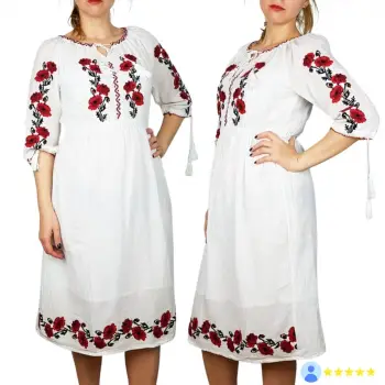 Rochie Traditionala cu borderie Maci 2 imagine