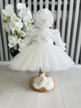 Rochita fetite cu tulle cu balerini si turban - alb imagine