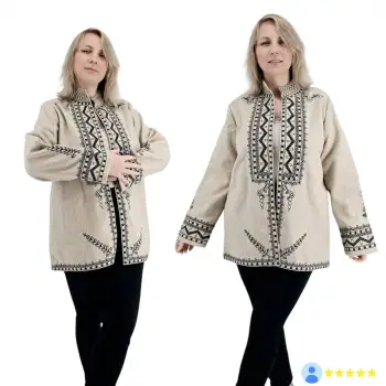 Sacou Traditional Crem cu broderie neagra - Unisex imagine