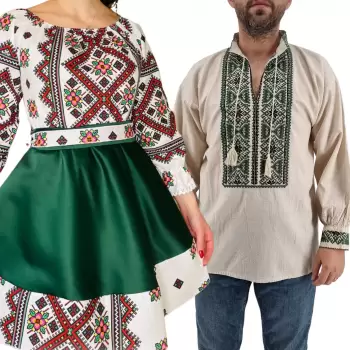 Set Cuplu 435 Camasa Traditionala si Rochie Stilizata cu motive traditionale imagine