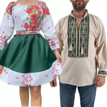 Set Cuplu 436 Camasa Traditionala si Rochie Stilizata cu motive traditionale imagine