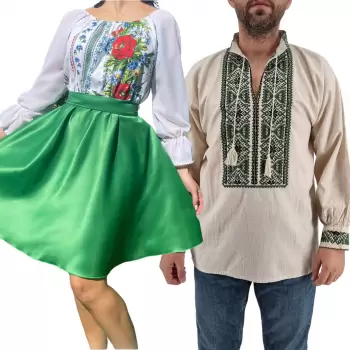 Set Cuplu 437 Camasa Traditionala si Rochie Stilizata cu motive traditionale imagine