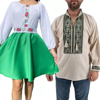 Set Cuplu 438 Camasa Traditionala si Rochie Stilizata cu motive traditionale imagine