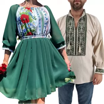 Set Cuplu 439 Camasa Traditionala si Rochie Stilizata cu motive traditionale imagine