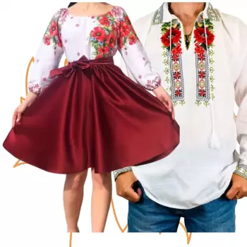 Set Cuplu 443 Camasa Traditionala si Rochie Stilizata cu motive traditionale imagine
