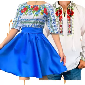 Set Cuplu 445 Camasa Traditionala si Rochie Stilizata cu motive traditionale imagine