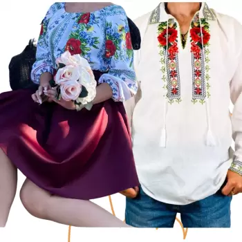 Set Cuplu 461 Camasa Traditionala si Rochie Stilizata cu motive traditionale imagine