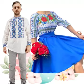 Set Cuplu 479 Camasa Traditionala si Rochie Stilizata cu motive traditionale imagine