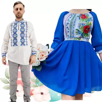 Set Cuplu 483 Camasa Traditionala si Rochie Stilizata cu motive traditionale imagine