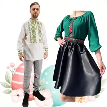 Set Cuplu 484 Camasa Traditionala si Rochie Stilizata cu motive traditionale imagine