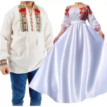 Set Cuplu 543 Camasa Traditionala si Rochie Stilizata cu motive traditionale imagine