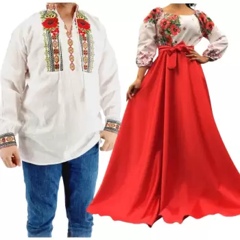 Set Cuplu 547 Camasa Traditionala si Rochie Stilizata cu motive traditionale imagine