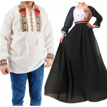 Set Cuplu 551 Camasa Traditionala si Rochie Stilizata cu motive traditionale imagine