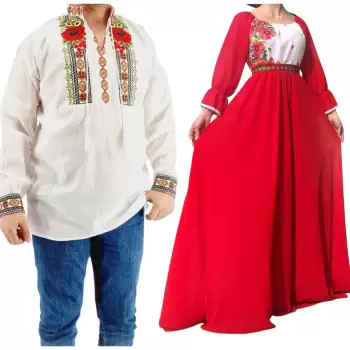Set Cuplu 552 Camasa Traditionala si Rochie Stilizata cu motive traditionale imagine