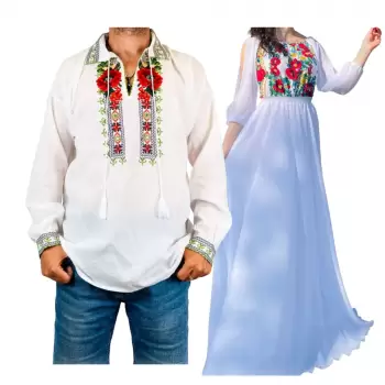 Set Cuplu 555 Camasa Traditionala si Rochie Stilizata cu motive traditionale imagine