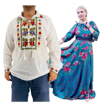 Set Cuplu 557 Camasa Traditionala si Rochie Stilizata cu motive traditionale imagine