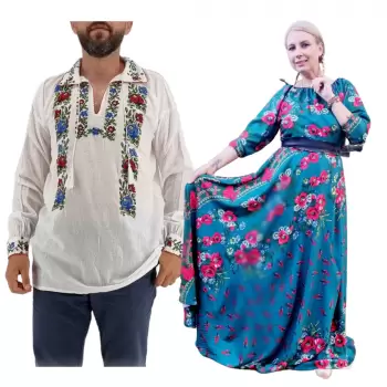 Set Cuplu 558 Camasa Traditionala si Rochie Stilizata cu motive traditionale imagine