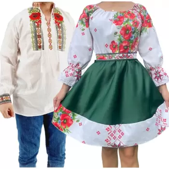 Set Cuplu 561 Camasa Traditionala si Rochie Stilizata cu motive traditionale imagine
