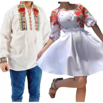 Set Cuplu 563 Camasa Traditionala si Rochie Stilizata cu motive traditionale imagine