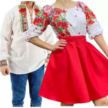 Set Cuplu 567 Camasa Traditionala si Rochie Stilizata cu motive traditionale imagine