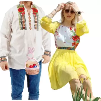 Set Cuplu 570 Camasa Traditionala si Rochie Stilizata cu motive traditionale imagine