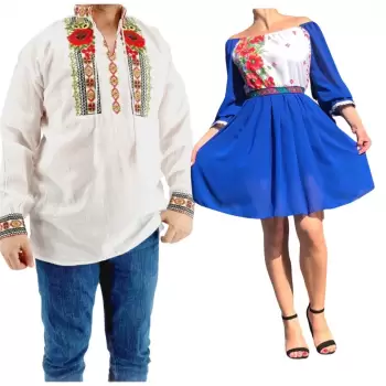 Set Cuplu 572 Camasa Traditionala si Rochie Stilizata cu motive traditionale imagine