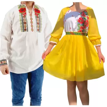 Set Cuplu 573 Camasa Traditionala si Rochie Stilizata cu motive traditionale imagine
