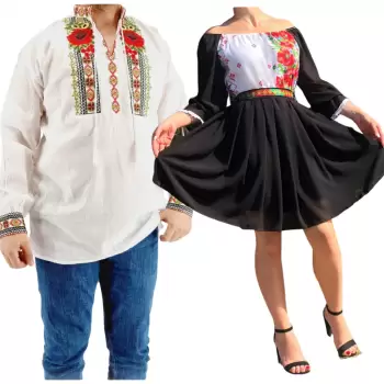 Set Cuplu 574 Camasa Traditionala si Rochie Stilizata cu motive traditionale imagine