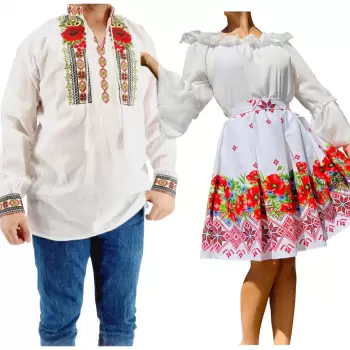 Set Cuplu 576 Camasa Traditionala si Rochie Stilizata cu motive traditionale imagine