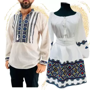 Set Cuplu 604 Camasa Traditionala si Rochie Stilizata cu motive traditionale imagine