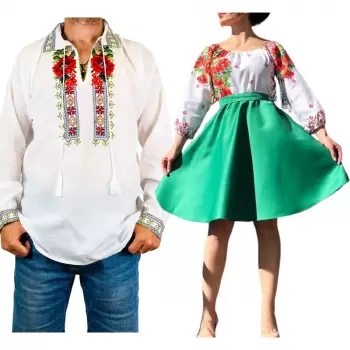 Set Cuplu Traditional 149 Camasa Traditionala si Rochie cu motive traditionale imagine