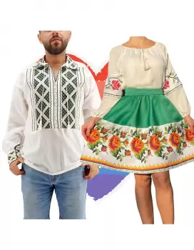 Set Cuplu Traditional 158 Camasa Traditionala si Rochie cu motive traditionale imagine