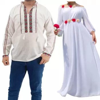 Set Cuplu Traditional 165 Camasa Traditionala si Rochie cu motive traditionale imagine